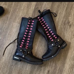 Hot leather 14 inch black and pink boots size 7 barely worn
